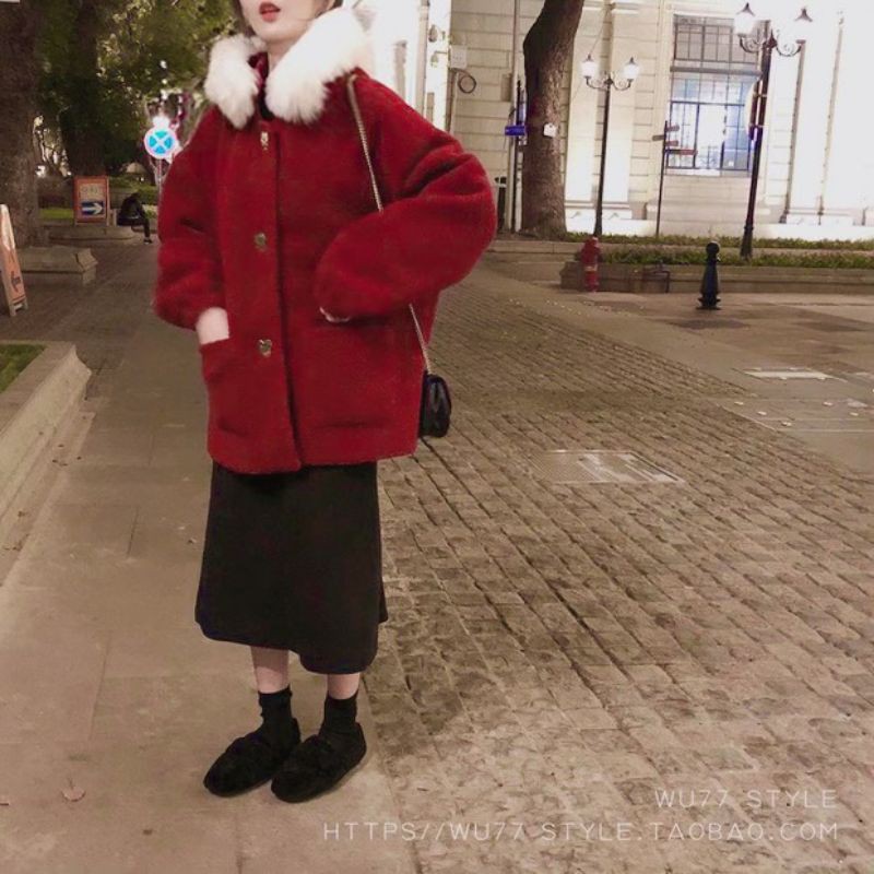 Áo khoác dạ đỏ mũ lông trắng siêu ấm BCi