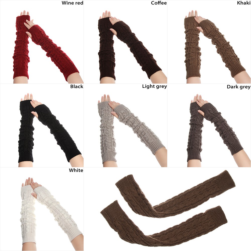 Găng Tay Len Dài 50cm Hở Ngón Phối Nút Thời Trang Thu Đông Cho Nữ