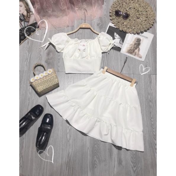 Sét Váy Áo Cổ Vuông Hoặc Trễ Vai Croptop + Chân Váy Xoè Màu Trắng ( Ảnh Thật ) | BigBuy360 - bigbuy360.vn