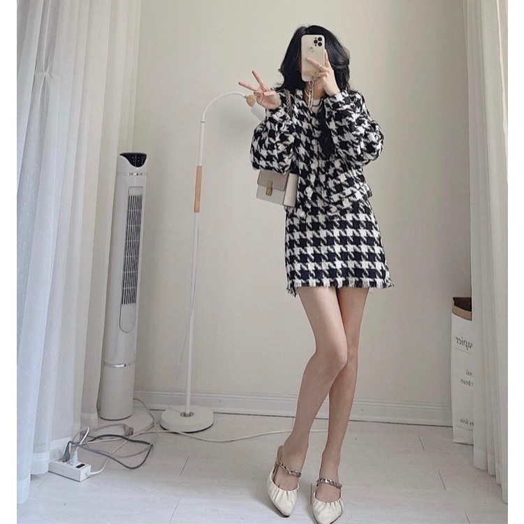 set áo crop bố tay dài kèm chân váy kiểu caro xinh,set đồ nữ đi chơi đi tiệc siêu sang cho bạn gái