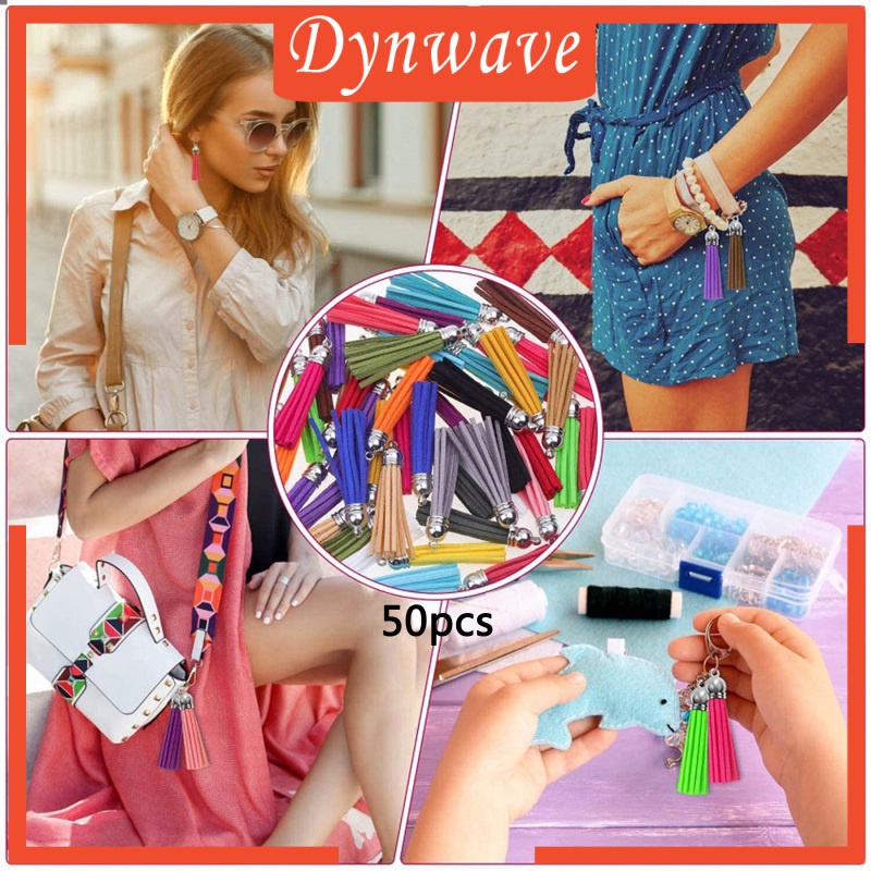 [DYNWAVE] 50Pcs Leather Keychain Tassels Pendants Fringe with Split Rings Craft Supply