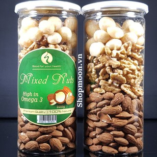 Mixed Nuts 3 Loại Hạt Dinh Dưỡng MONUTS hũ 500gr, hạt ngũ cốc cho mẹ bầu gồm Macca, Óc Chó, Hạnh Nhân đã tách vỏ