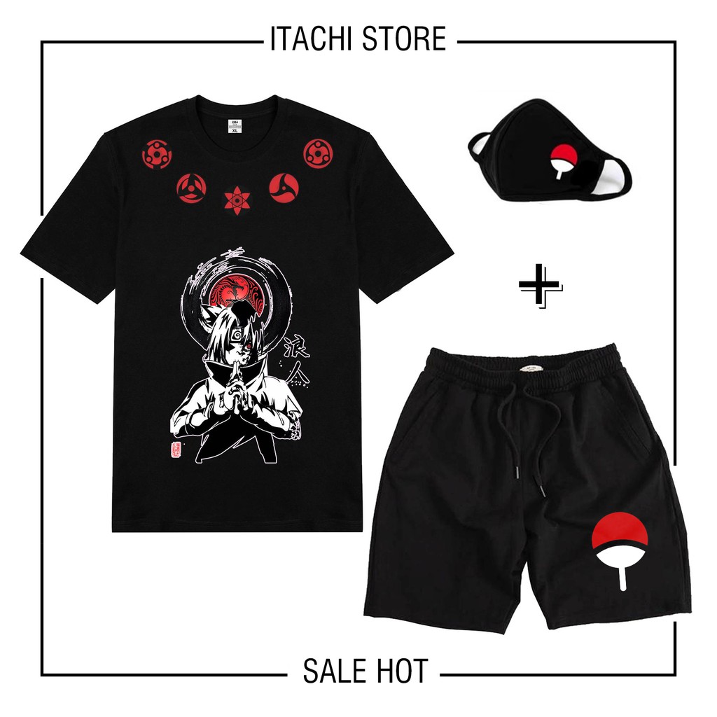🔥SALE 50%🔥 BST combo áo thun + quần short Naruto Akatsuki Itachi Uchiha tặng kèm kt cực HOT