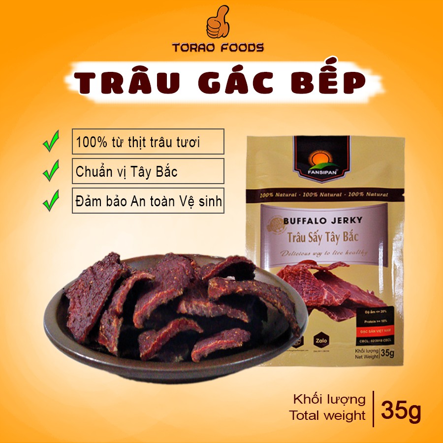 Trâu gác bếp Fansipan gói 35g - trâu gác bếp chuẩn vị Tây Bắc đảm bảo An toàn Vệ sinh, Torao Foods - Đồ ăn vặt ngon | BigBuy360 - bigbuy360.vn