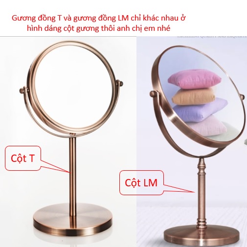 Gương trang điểm bằng inox/đồng cỡ lớn - Gương để bàn 2 mặt xoay 360 độ zoom x2 loại xịn MKZ124