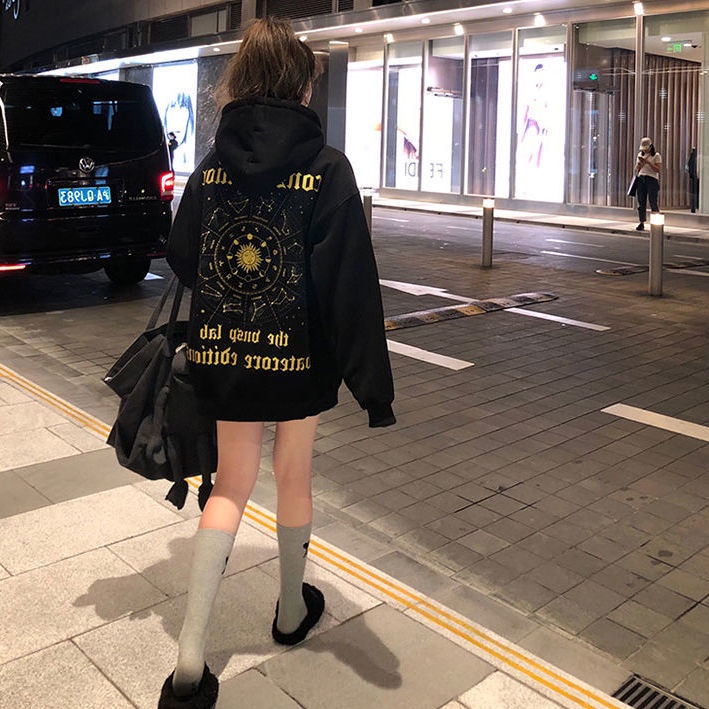 Velvet and thickened hooded sweater women's Korean version loose American vintage vibe style niche design medium-and long-style blouse