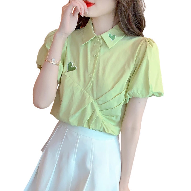 Áo sơ mi Pure Cube tay ngắn phồng thêu họa tiết trái tim thêu phong cách phương tây cao cấp