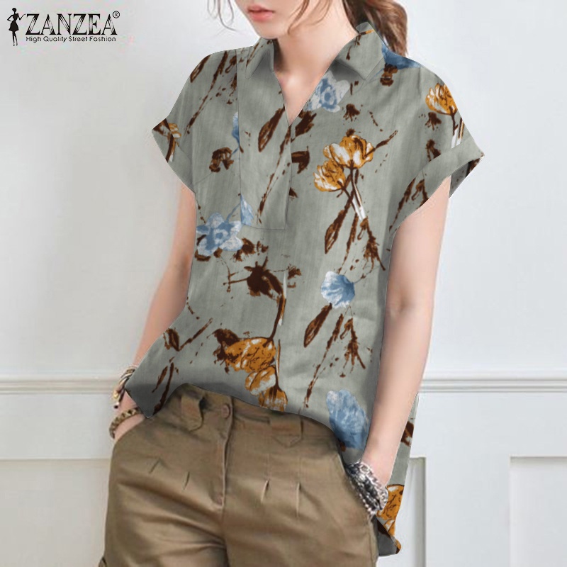 Áo sơ mi ZANZEA ngắn tay in họa tiết vintage thời trang cho nữ