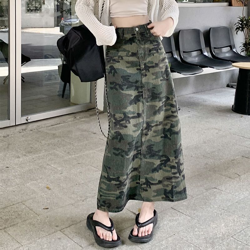 Chân Váy Denim Chữ a Lưng Cao Xẻ Tà Họa Tiết Rằn Ri Phong Cách Hàn Quốc Thời Trang Cho Nữ