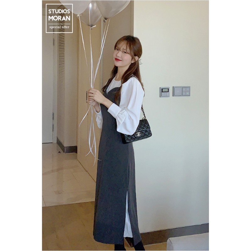 Váy yếm hai dây MORAN suông dài xẻ tà điệu đà thanh lịch nhẹ nhàng style Hàn Quốc