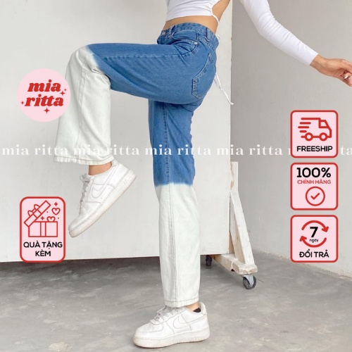 Jeans dáng suôn cạp cao xanh ombre Mia Ritta J450 ảnh thật