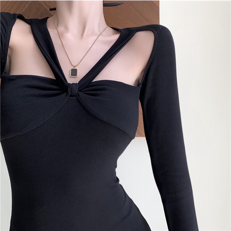 Đầm Đen Dài Tay Ôm Dáng Gợi Cảm Phong Cách Hàn Quốc Dành Cho Nữ