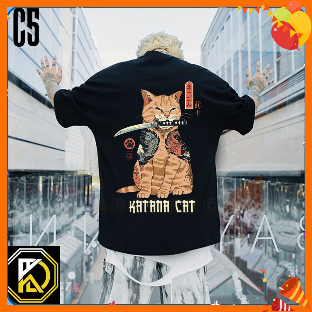 (FULL SIZE + ẢNH THẬT) Áo thun MÈO C5 CAT tay lỡ OVERSIZE UNISEX (2 Màu ĐEN-TRẮNG)