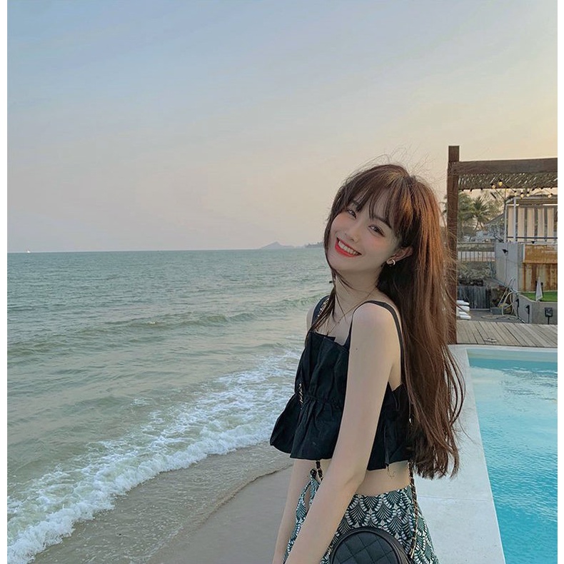 Áo croptop nữ 2 dây bản to xếp ly Wikishop đen be freesize phom ôm có chun co giãn hở eo sexy hàn quốc C956
