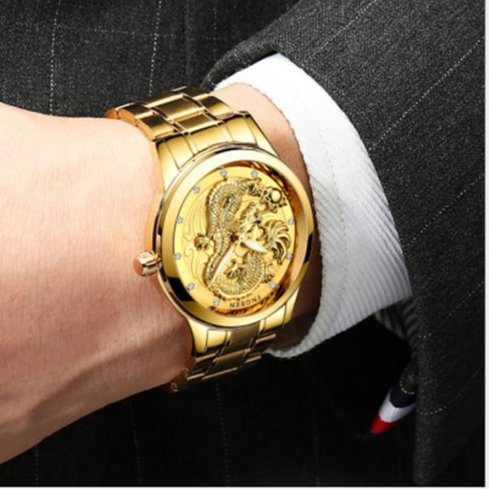 Đồng hồ nam mặt rồng ĐEN dây  hợp kim thép không gỉ Tặng vòng tay tỳ hưu