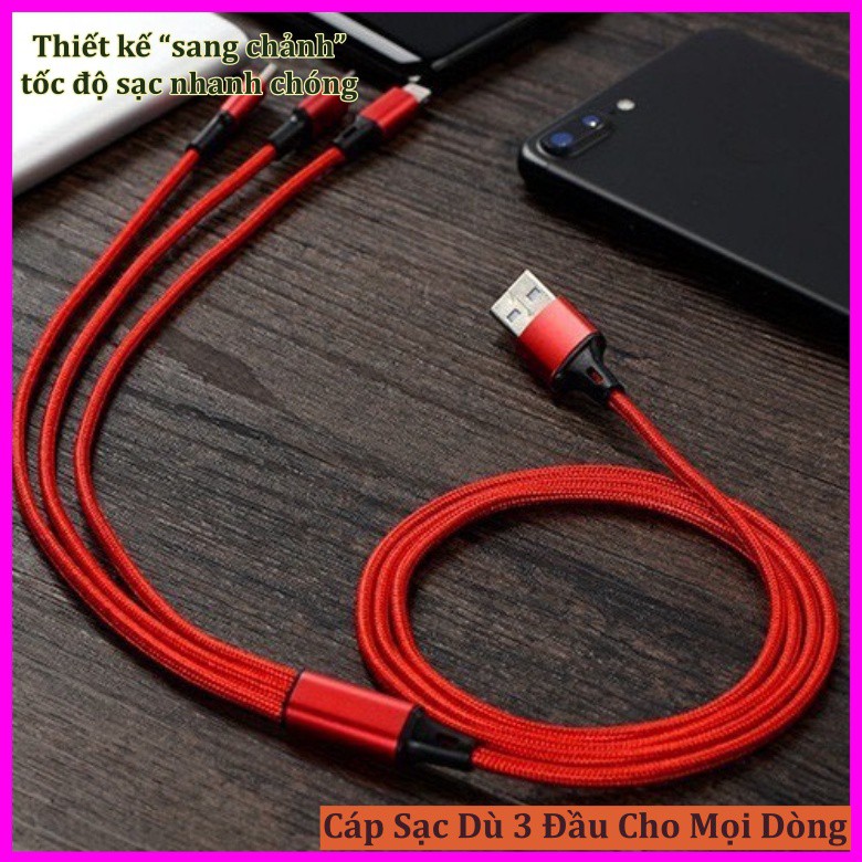 Cáp Sạc Dù 3 Đầu Đa Năng Type-C, Lightning,Mirco-US B Cho Điện Thoại Samsung Oppo Xiaomi Apple iPhone VSmart Huawei