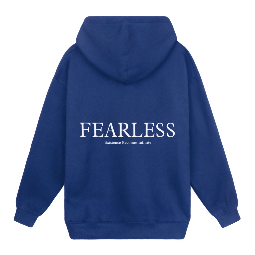 Áo Hoodie Fearless Màu Xanh Dương In Chữ Trắng Đơn Giản Chất Liệu Nỉ Bông Cotton