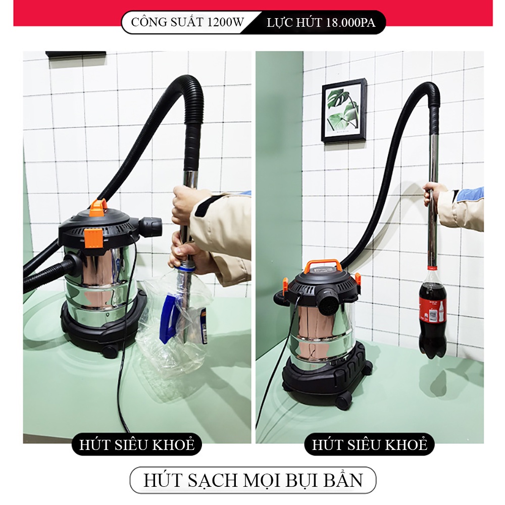 Máy hút bụi công nghiệp, gia đình công suất lớn 1200W dung tích 15L - 3 chế độ Hút khô - ướt - thổi - Bảo hành 2 năm