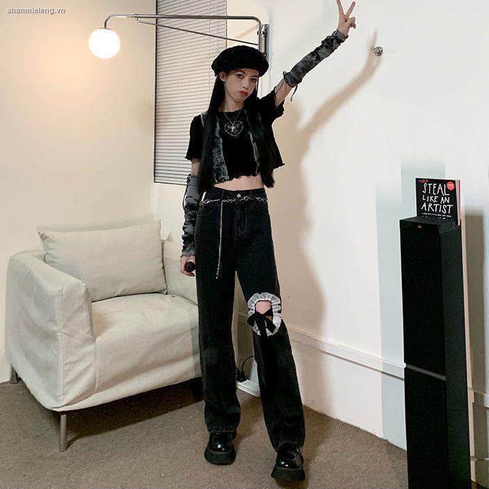 Áo thun/ Quần jean dài lưng cao phối nơ thiết kế đường phố thời trang mùa hè mới cho nữ 2021 | BigBuy360 - bigbuy360.vn