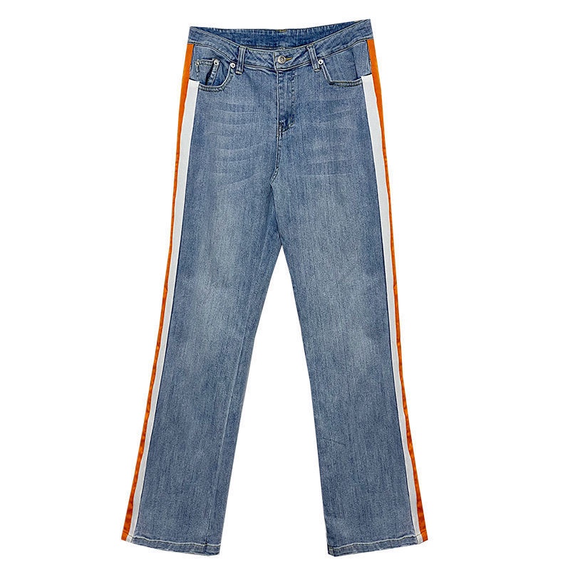 Jiashucheng Quần Jean Ống Loe Rộng Lưng Cao Phối Sọc Màu Sắc Tương Phản Cá Tính
