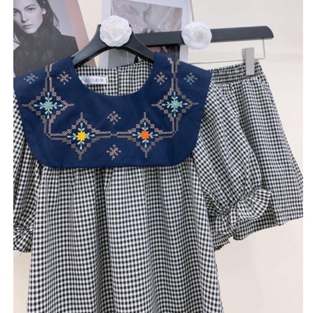 Set đồ bộ kẻ đen mặc nhà cổ phối màu xanh than siêu xinh