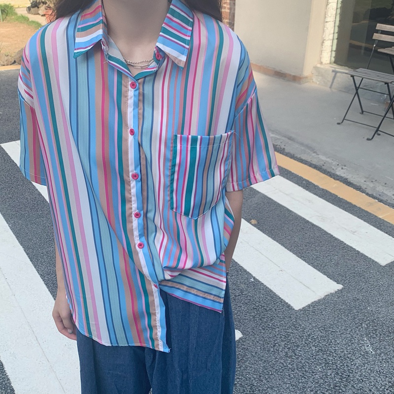 SUXI Áo sơ mi tay ngắn dáng rộng kẻ sọc màu cầu vồng thiết kế thời trang mùa hè cho nữ