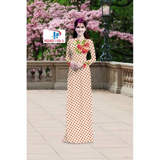 Bộ vải áo dài nữ màu trắng chấm bi xanh