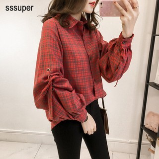 Áo sơ mi nữ tay phồng phối sọc caro phong cách thời trang Hàn Quốc