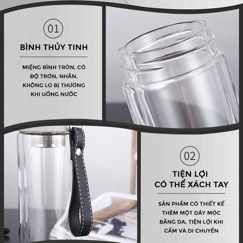 (Tiết Kiệm) Bình Thủy Tinh 2 Lớp 500ml - Bình Thủy Tinh 2 Ngăn Pha Trà __Phutuan2410