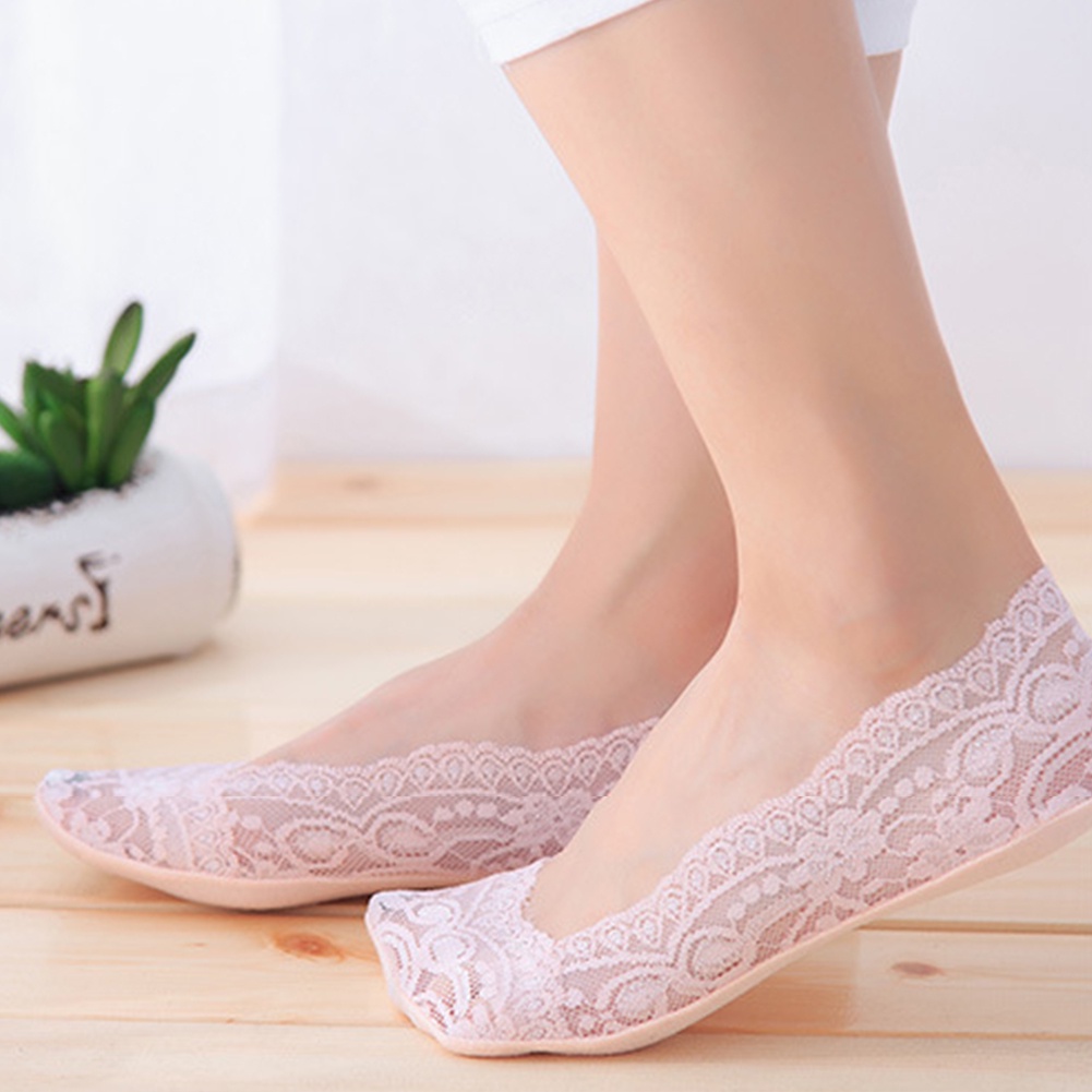 Tất Ren Cổ Thấp Màu Trơn Chống Trượt Thời Trang Cho Nữ