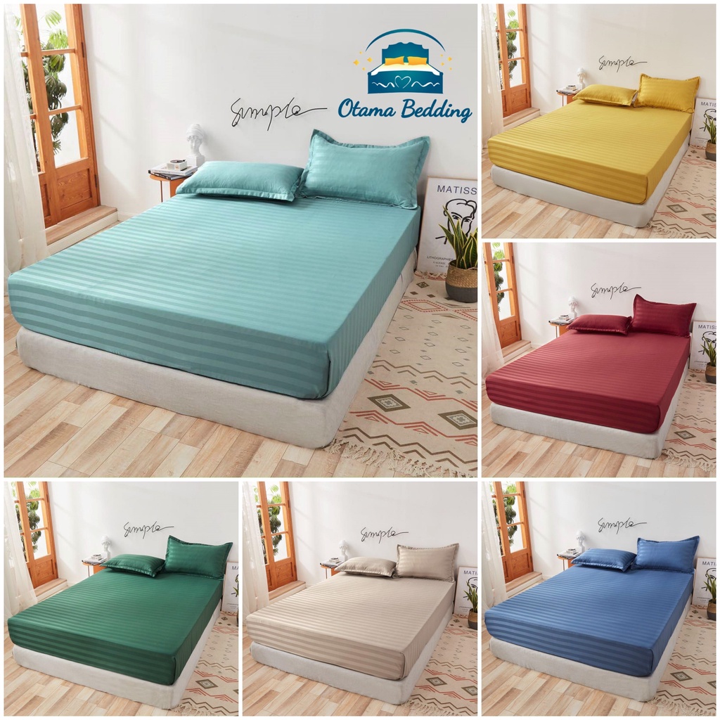 Bộ ga gối kẻ cotton 3f bo chun, bộ mền ga gối drap giường cưới cute cao cấp hàn quốc - Otama Bedding