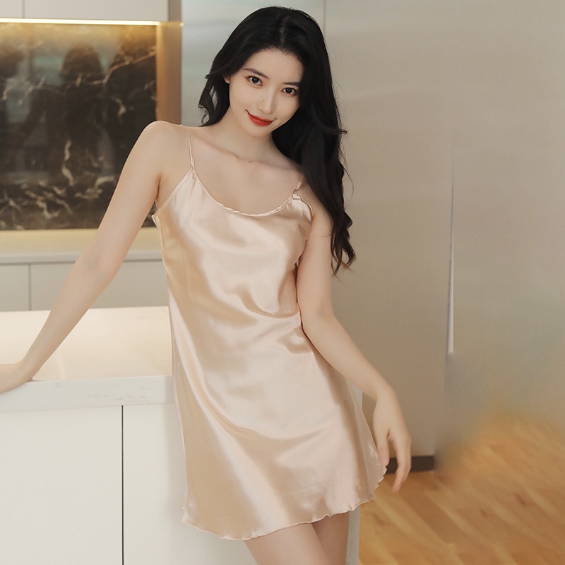 Đầm Ngủ Vải Satin Mềm Thoáng Khí Màu Trơn Gợi Cảm Cho Nữ