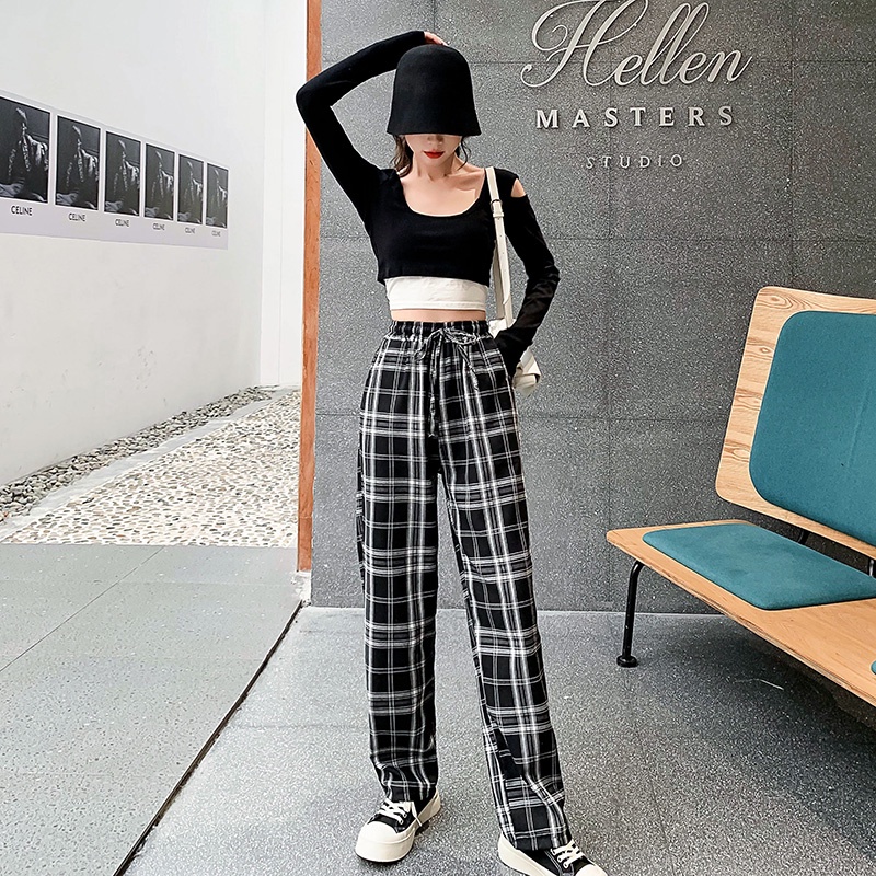 Quần dài SUXI lưng cao ống rộng kẻ sọc caro phong cách Hàn Quốc