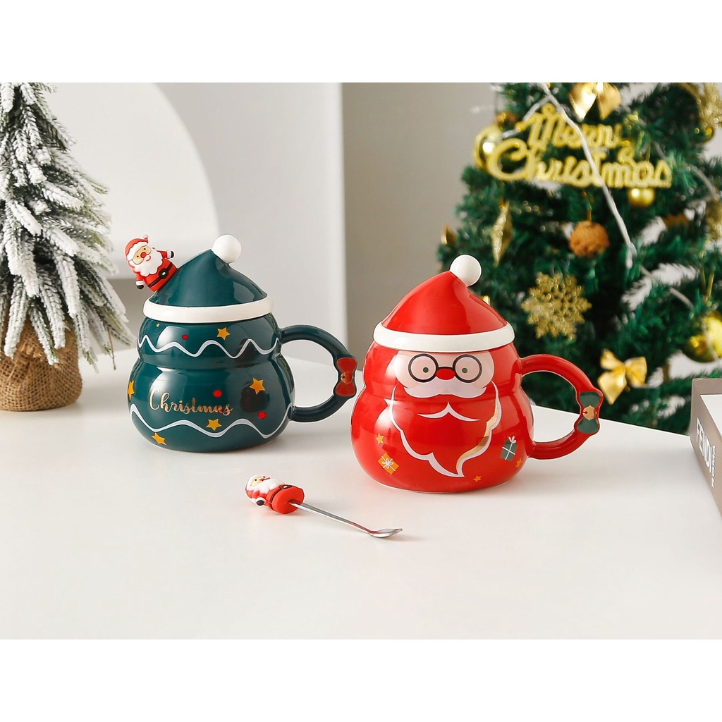 Cốc Uống Nước Bằng Sứ Có Nắp Đậy Và Muỗng Họa Tiết Giáng Sinh
