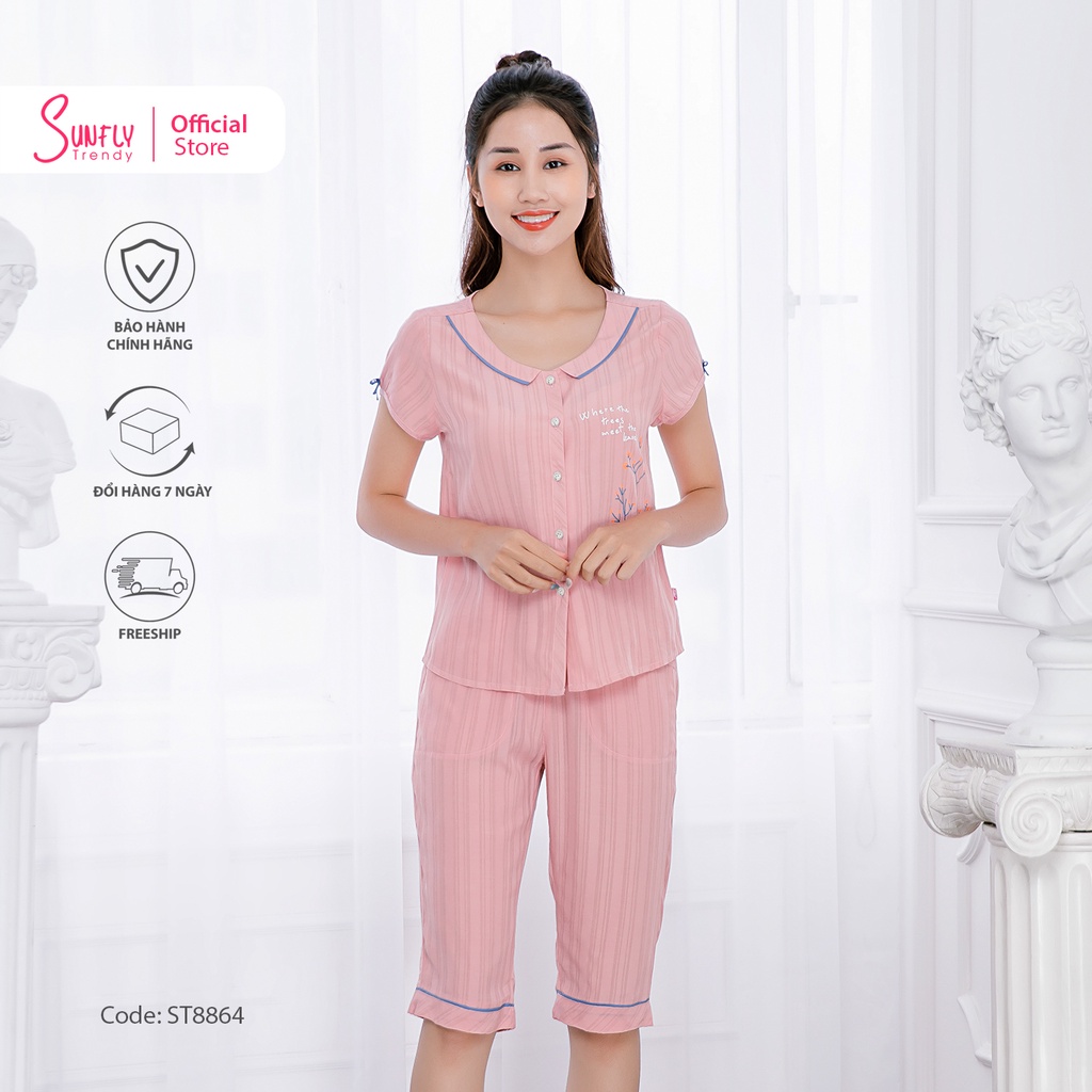 Bộ đồ mặc nhà nữ pijamas linen SUNFLY áo cộc, quần ngố ST8864