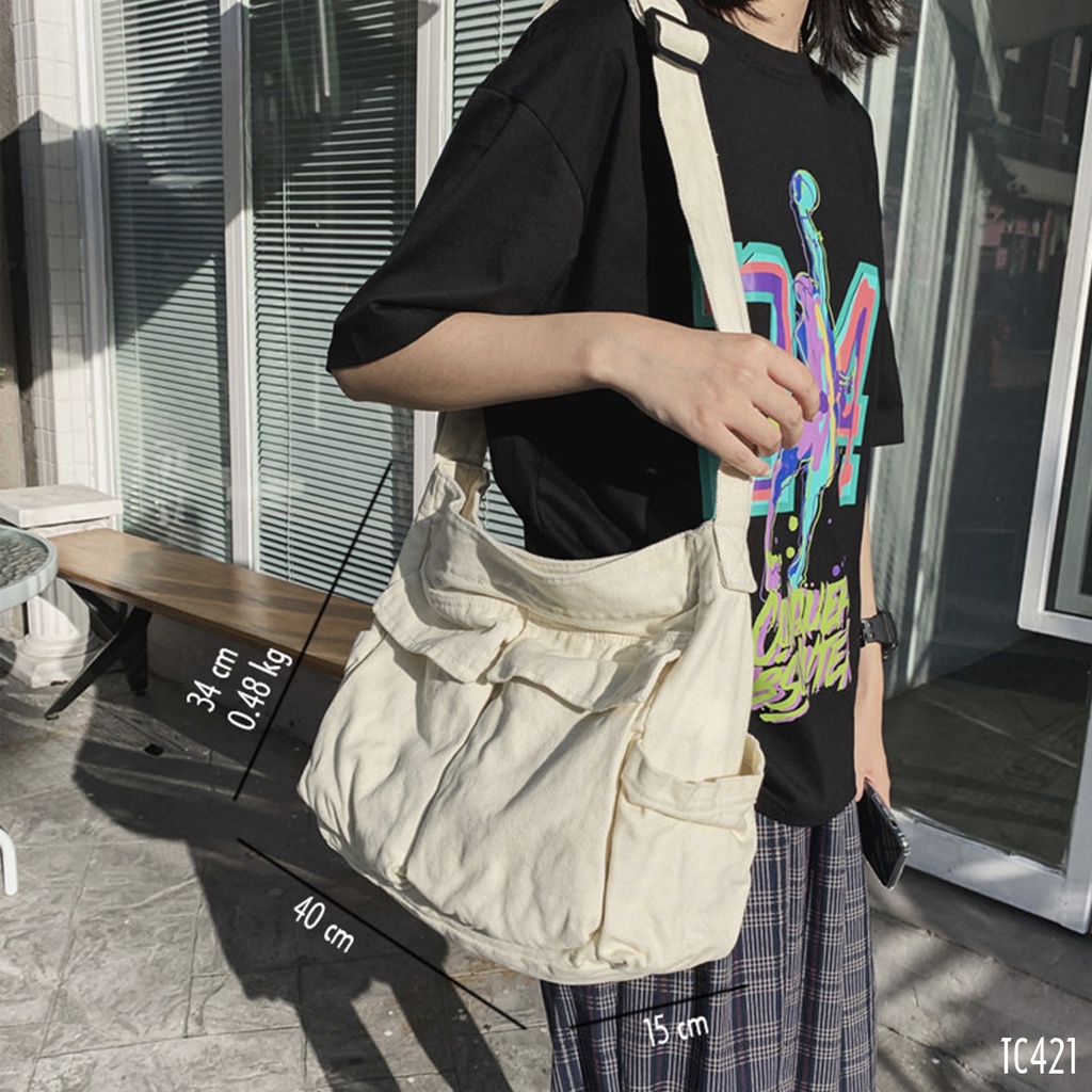 Túi chéo Hàn Quốc vintage, vải Denim , nhiều ngăn, dáng hiện đại dễ phối đồ - TC421 - Aluha