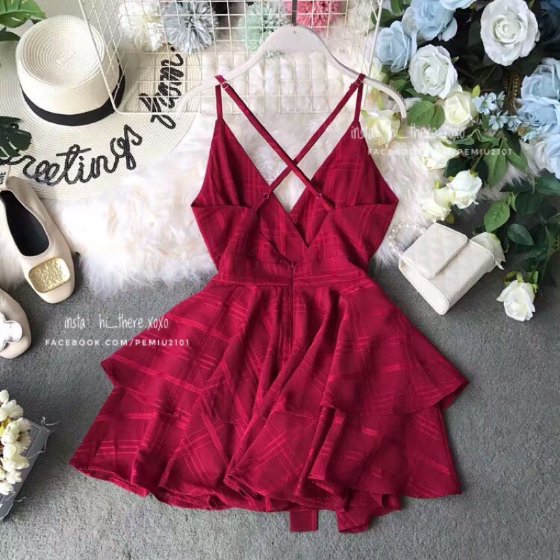 Váy Babydoll 2 dây caro trắng/ đỏ