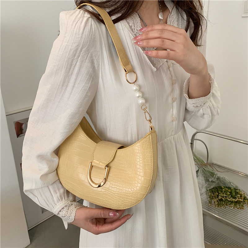 IELGY Túi Đeo Vai Hình Tròn In Họa Tiết Da Cá Sấu Đính Ngọc Trai Giả Thời Trang Cho Nữ