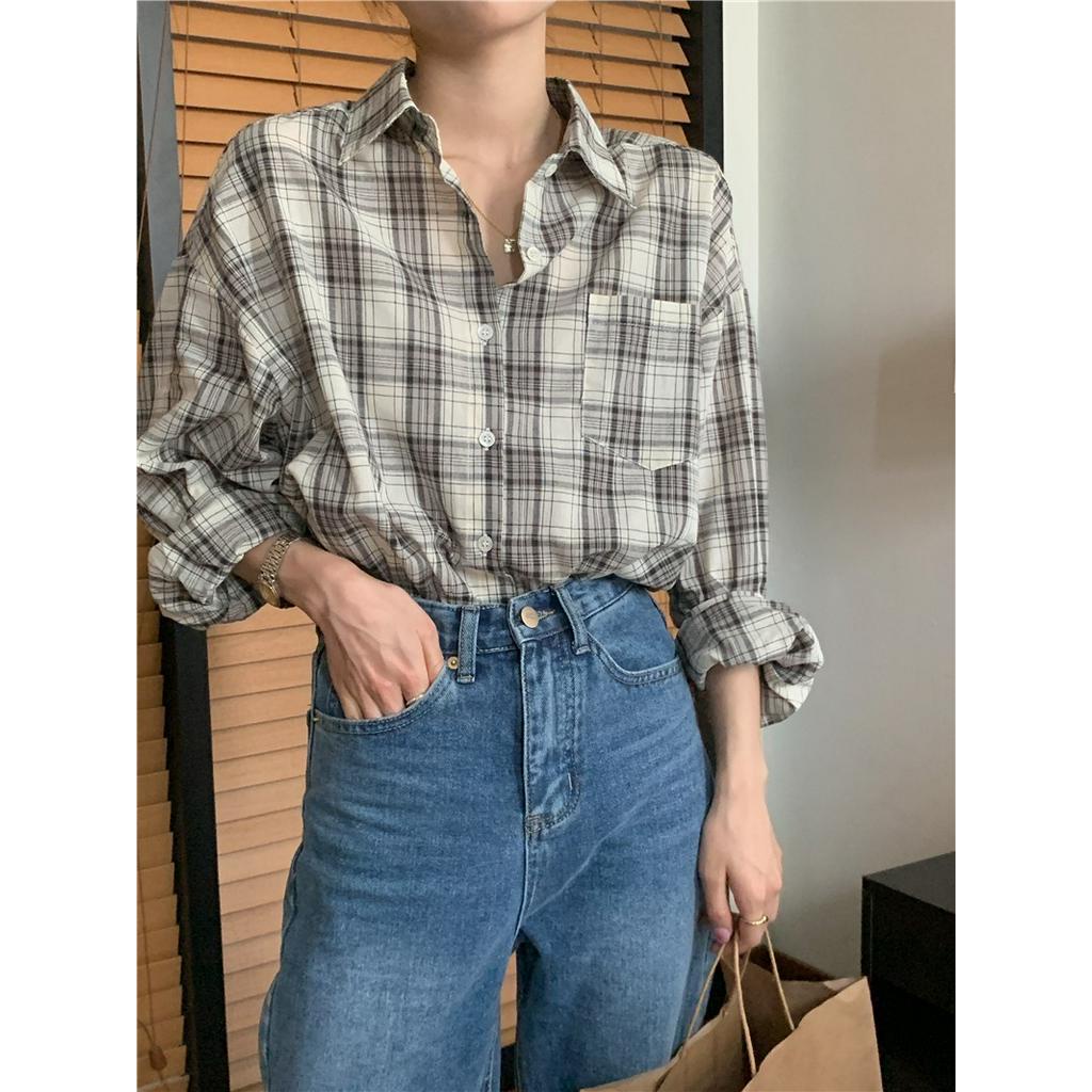 61211 Hàn Quốc Giản Dị polo Cổ Áo Sơ Mi Dài Tay Kẻ Sọc