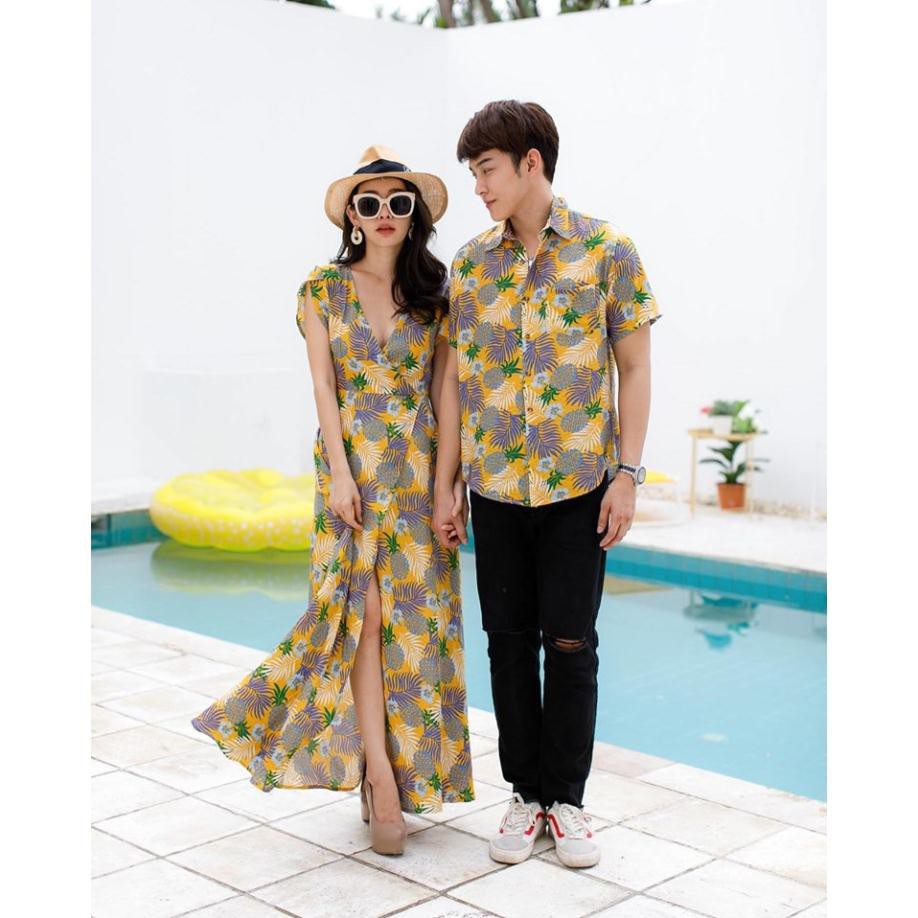 Set áo váy đôi, sơ mi nam nữ Váy maxi xẻ tà  đi biển họa tiết hoa lá màu vàng couple tx - AV44 (có ảnh thật)