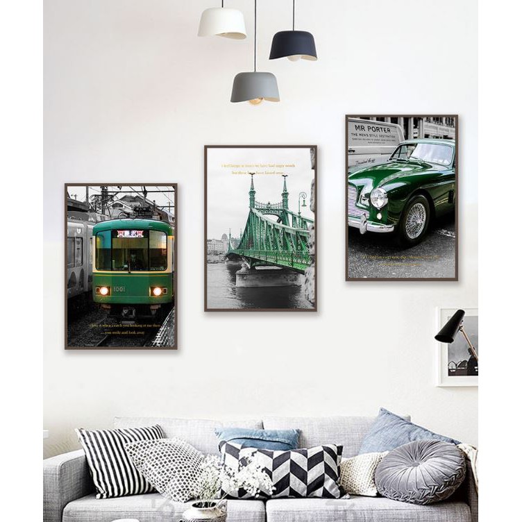 Bộ 3 Bức Tranh Treo Tường Canvas Xe Oto Cổ Tàu Lửa Cầu Châu Âu Vintage Màu Xanh Lá Trang Trí Khách Sạn Quán Cafe