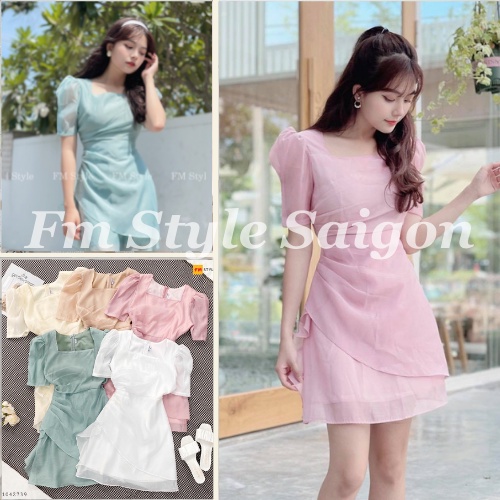 Đầm Voan Cổ Vuông Nhún Eo | Váy Voan Tay Phồng Ngắn Tôn Dáng Nữ | Fmstyle Saigon 21042739