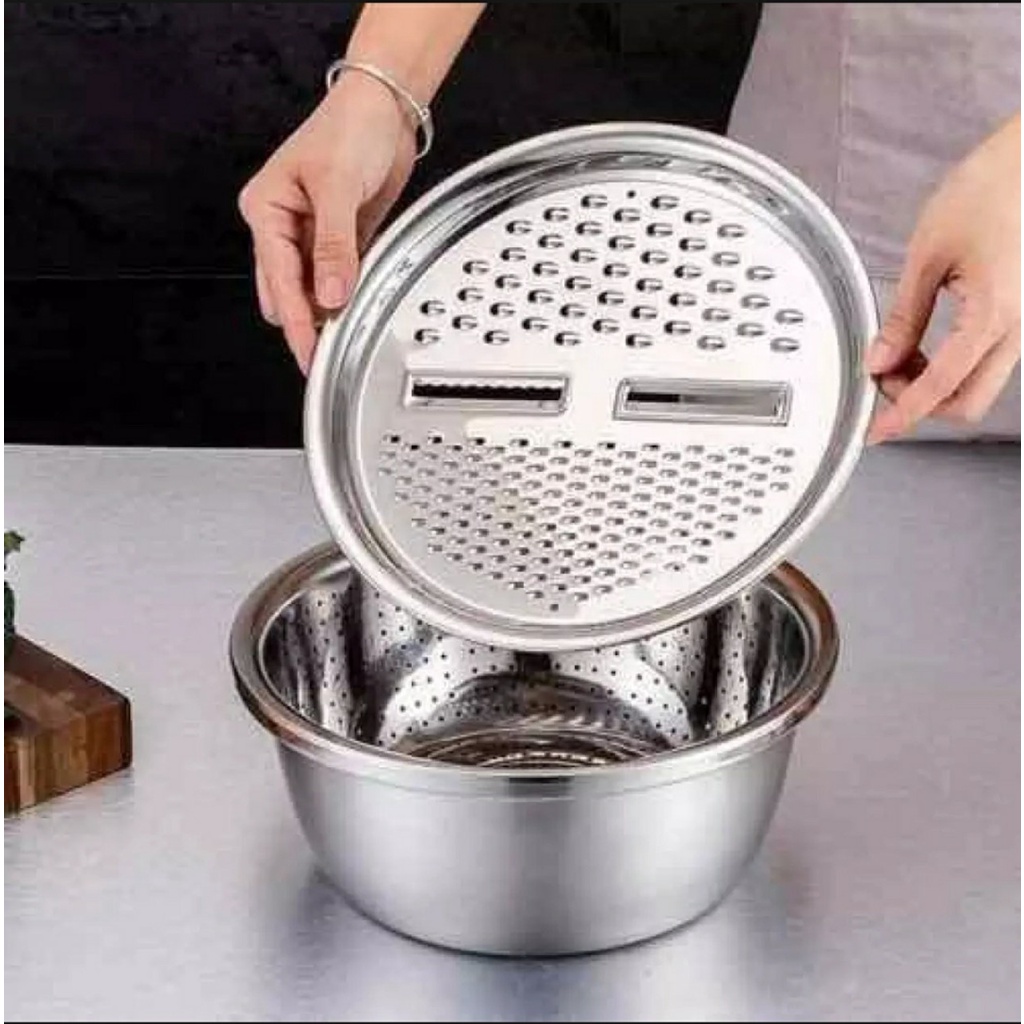 [FREESHIP] Bộ Nạo Rau Củ Đa Năng Kiêm Rổ Và Chậu Inox Cao Cấp 3 Món Dày Dặn Chất Liệu Thép Không Gỉ