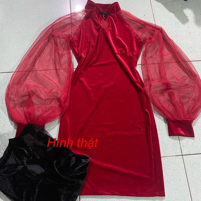 Đầm nhung tay lưới phồng cổ tàu xẻ tà chất vải nhung cao cấp - T5B | BigBuy360 - bigbuy360.vn