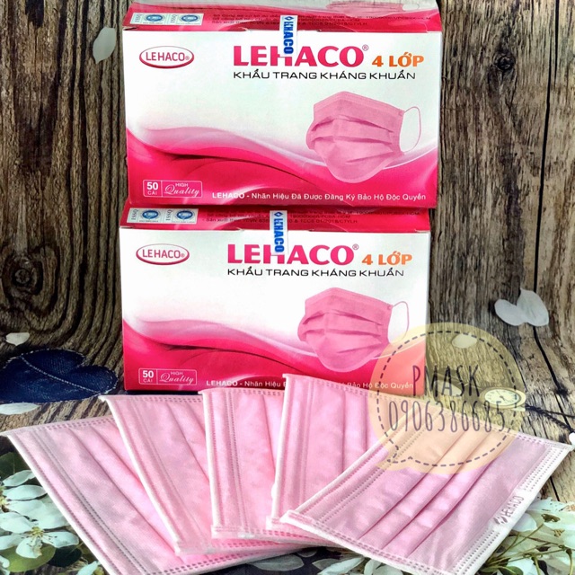 Khẩu trang 4 Lớp Lehaco kháng khuẩn màu Hồng 50 cái/ hộp - Khẩu trang y tế kháng khuẩn Lehaco