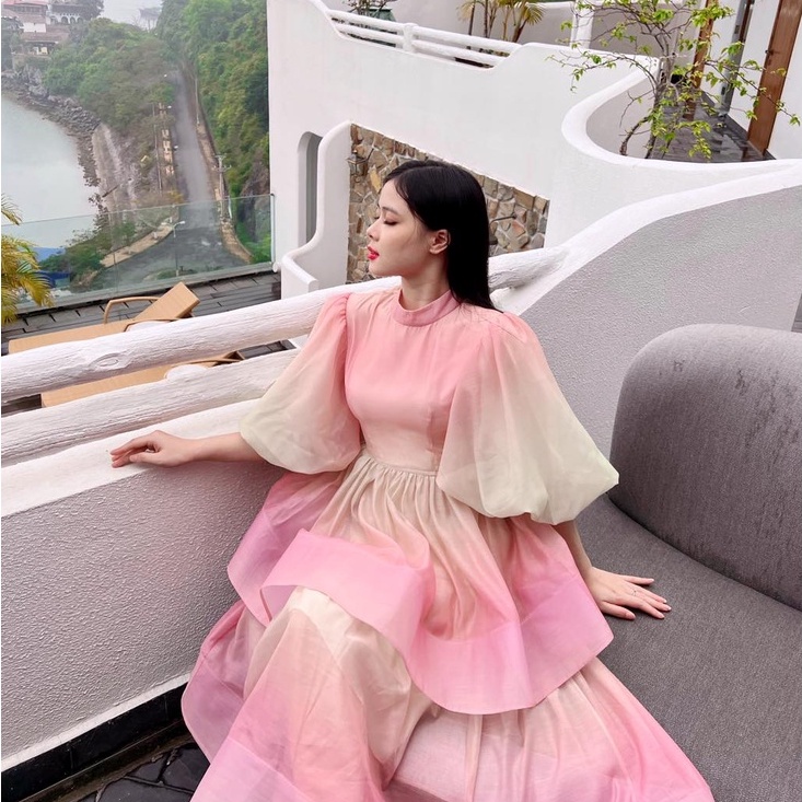 Mita Boutique - Váy Nữ Maxi Ba Tầng Tay Bồng Màu Ombre Legan Mita - MIDA0110