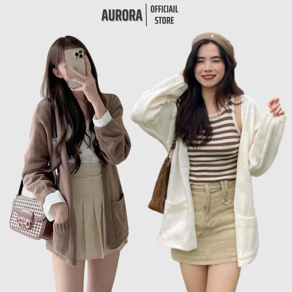 Áo cardigan len nữ trơn hai túi form rộng dáng dài siêu xinh