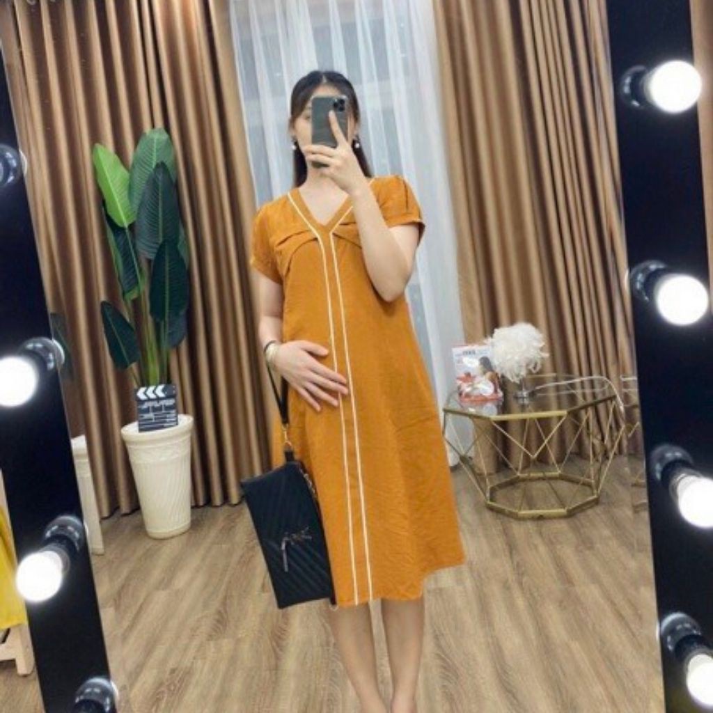 Váy bầu thời trang thiết kế M286 chất đũi hàn freesize từ 45 đến 70kg