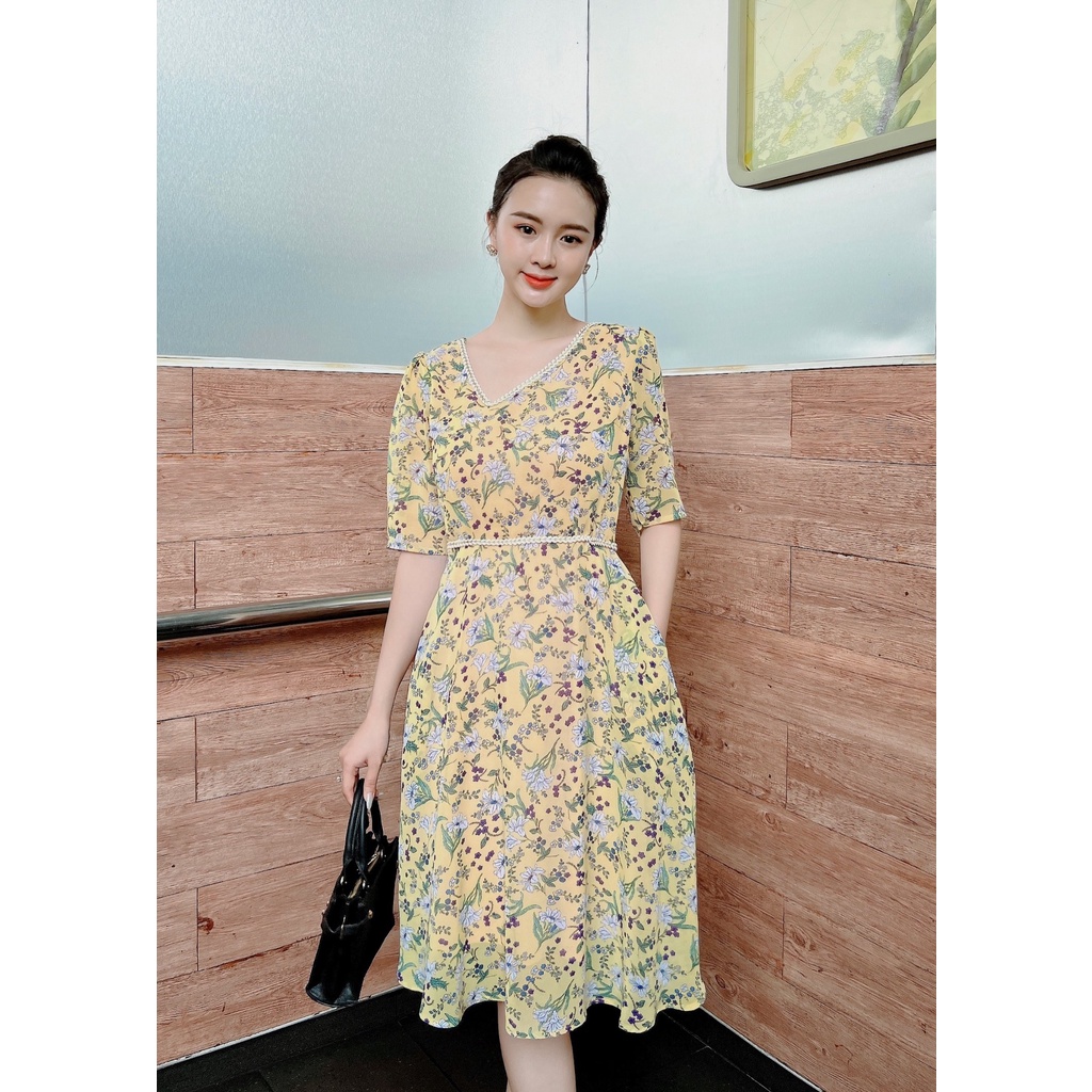 ĐẦM VOAN HOA CỔ LỆCH PHỐI VIỀN– M07