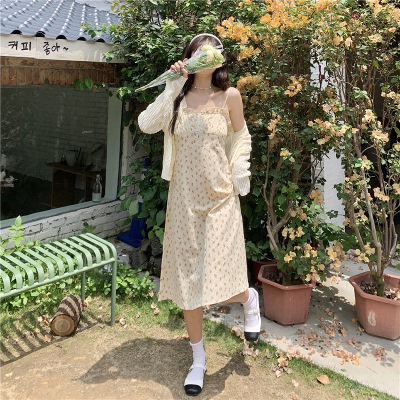 Set Đầm Hoa Sát Nách Và Áo Khoác Cardigan Chống Nắng Cho Nữ